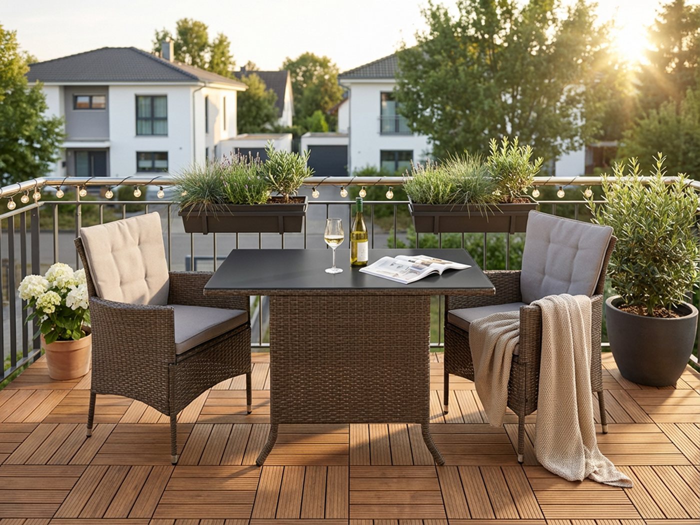 KONIFERA Garten-Essgruppe Balkonset "Mailand", (Set, 7-tlg., 2x Sessel, 1x Tisch 112x65 cm, inkl. Auflagen, Polyrattan), Tischplatte aus Sicherheitsglas Bild 5