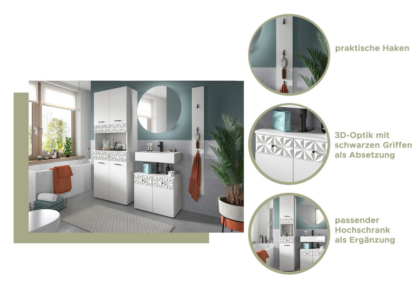 welltime Badezimmer-Set VICENZA, Breite 60cm, 2-teilig, mit Ornamentabsetzung, (best. aus: Waschbeckenunterschrank und Spiegelschrank), Waschbeckenunterschrank und Spiegelschrank