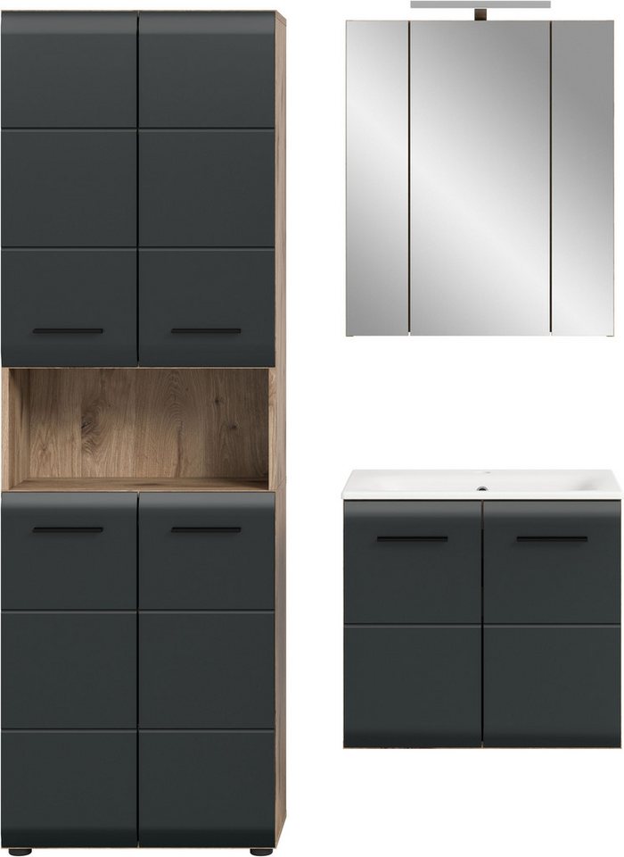 welltime Badezimmer-Set, (Set, 5-St., Hochschrank, Spiegelschr. inkl. Bel., Waschtisch inkl. Waschbecken), Bad-Kombination, Bad-Möbel, Badezimmer, Kombination, Kombi