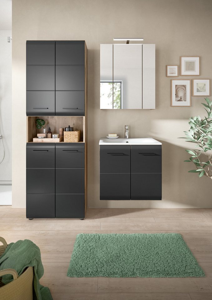 welltime Badezimmer-Set, (Set, 5-St., Hochschrank, Spiegelschr. inkl. Bel., Waschtisch inkl. Waschbecken), Bad-Kombination, Bad-Möbel, Badezimmer, Kombination, Kombi Bild 3
