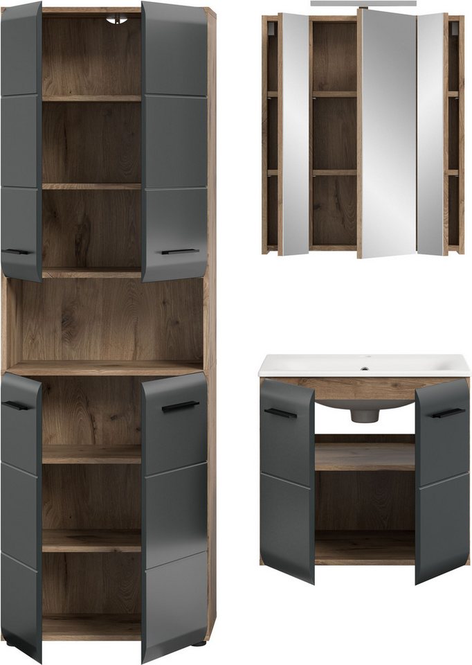 welltime Badezimmer-Set, (Set, 5-St., Hochschrank, Spiegelschr. inkl. Bel., Waschtisch inkl. Waschbecken), Bad-Kombination, Bad-Möbel, Badezimmer, Kombination, Kombi Bild 4
