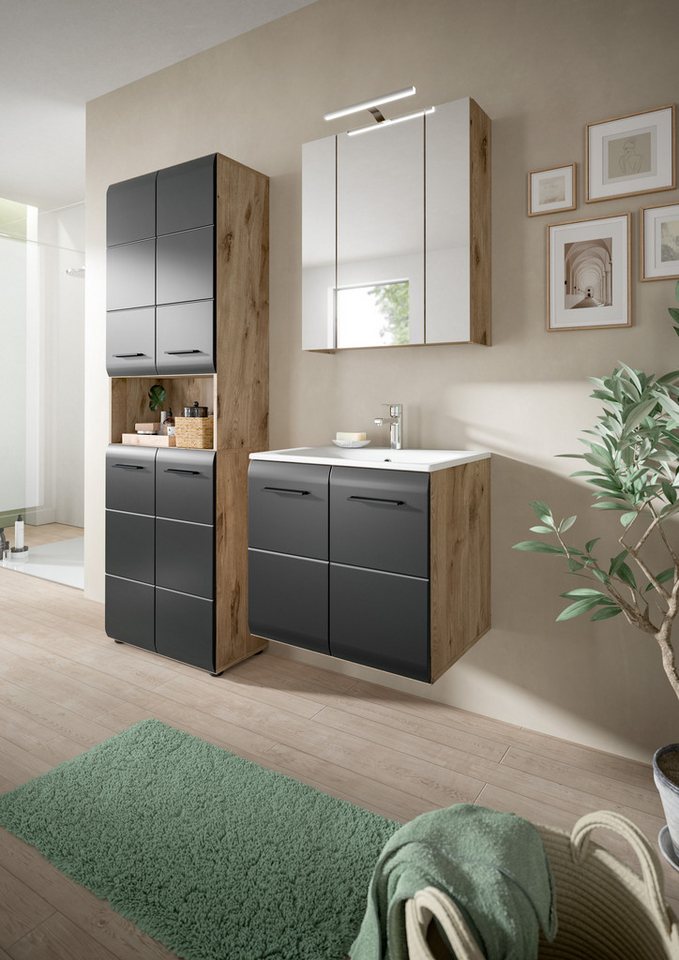 welltime Badezimmer-Set, (Set, 5-St., Hochschrank, Spiegelschr. inkl. Bel., Waschtisch inkl. Waschbecken), Bad-Kombination, Bad-Möbel, Badezimmer, Kombination, Kombi Bild 5