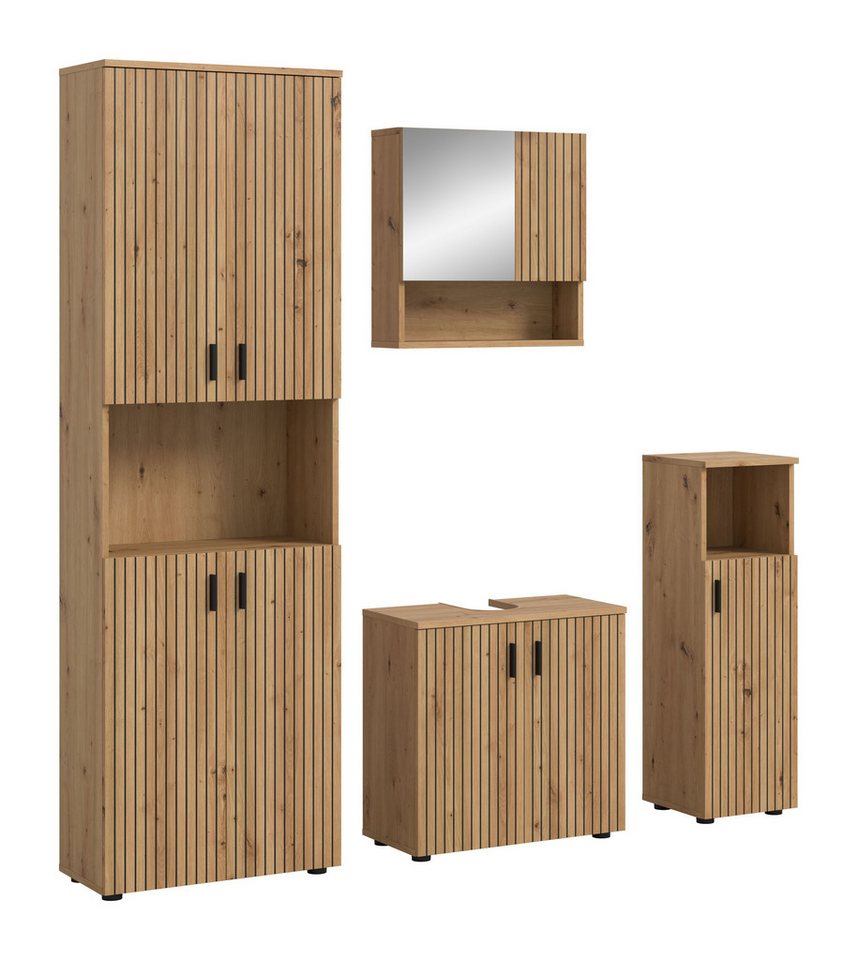 welltime Badmöbel-Set MANI, 4-tlg. Badkombination, Paneeloptik, (Set, 4-St., Set, best. aus: 1 Hochschrank, 1 Spiegelschrank, 1 WBU, 1 Badschrank), Bad-Kombination, Bad-Möbel, Badezimmer, Kombination, Kombi