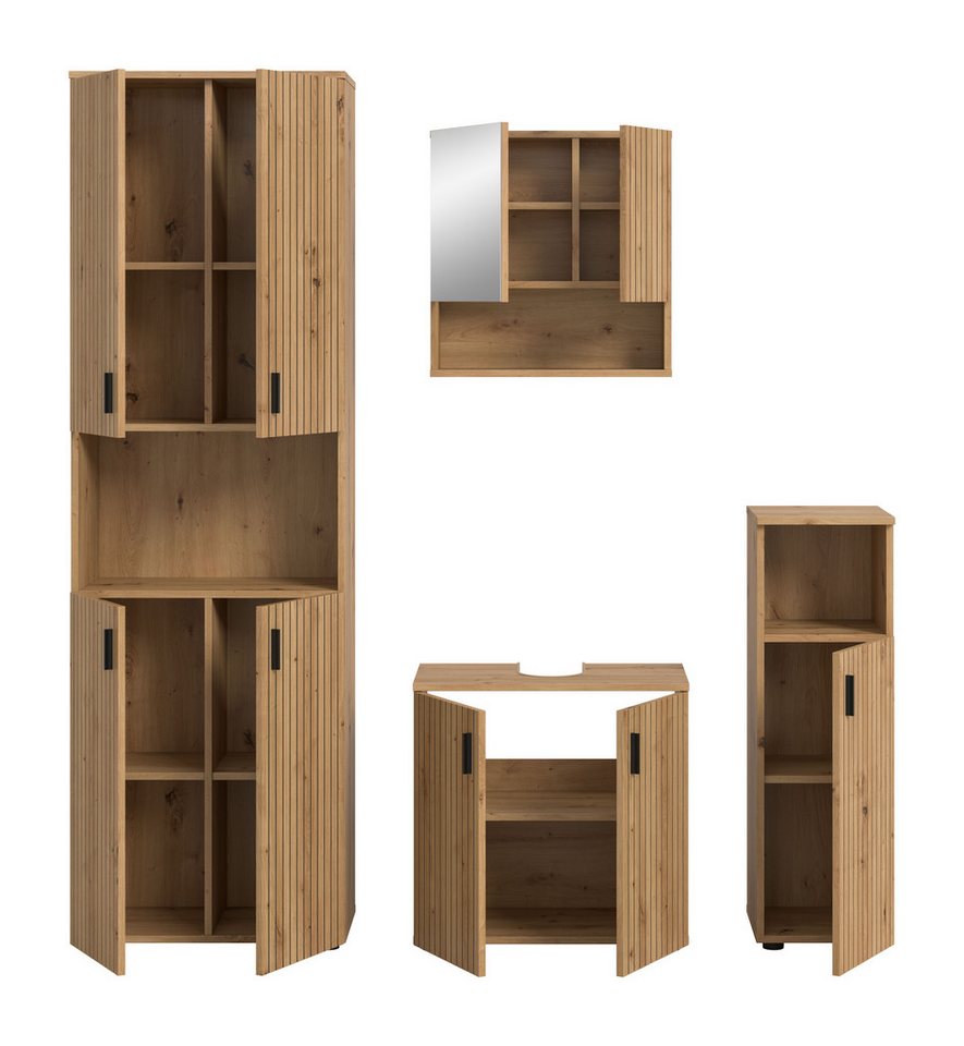welltime Badmöbel-Set MANI, 4-tlg. Badkombination, Paneeloptik, (Set, 4-St., Set, best. aus: 1 Hochschrank, 1 Spiegelschrank, 1 WBU, 1 Badschrank), Bad-Kombination, Bad-Möbel, Badezimmer, Kombination, Kombi Bild 2