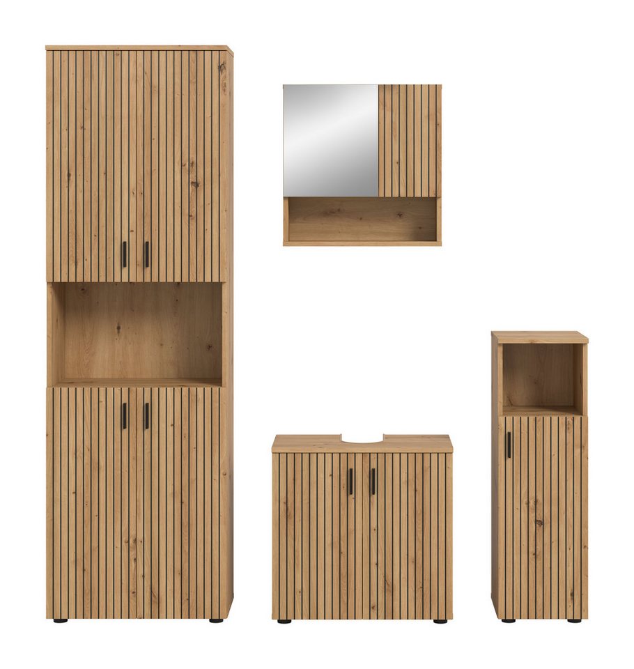 welltime Badmöbel-Set MANI, 4-tlg. Badkombination, Paneeloptik, (Set, 4-St., Set, best. aus: 1 Hochschrank, 1 Spiegelschrank, 1 WBU, 1 Badschrank), Bad-Kombination, Bad-Möbel, Badezimmer, Kombination, Kombi Bild 3