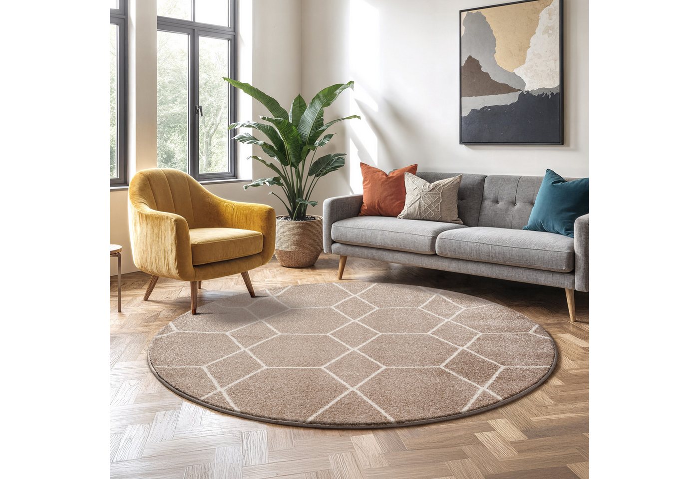 Sanat Teppich Trellis, auch als Läufer und Rund, rund, Höhe: 10 mm, Kurzflor, skandi, boho, große Farbauswahl, alle Räume