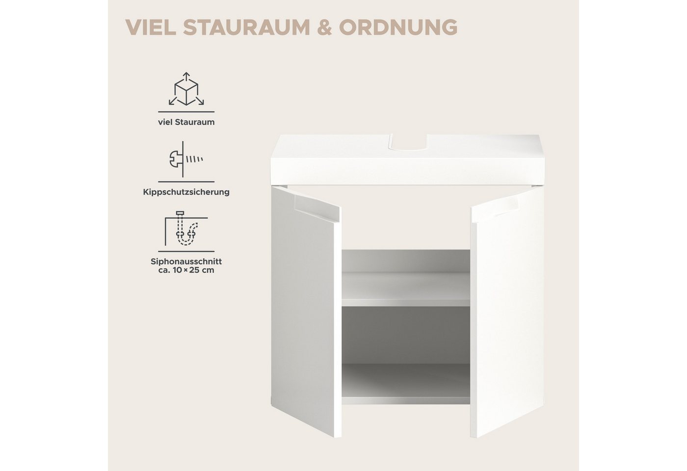OTTO home Waschbeckenunterschrank MAOI, Breite 60cm, 2 Türen, 2 Fächer, 1 Einlegeboden (inkl. Siphonausschnitt) Badezimmerschrank, Unterschrank, Kommode, WBU, Bad, Badezimmer