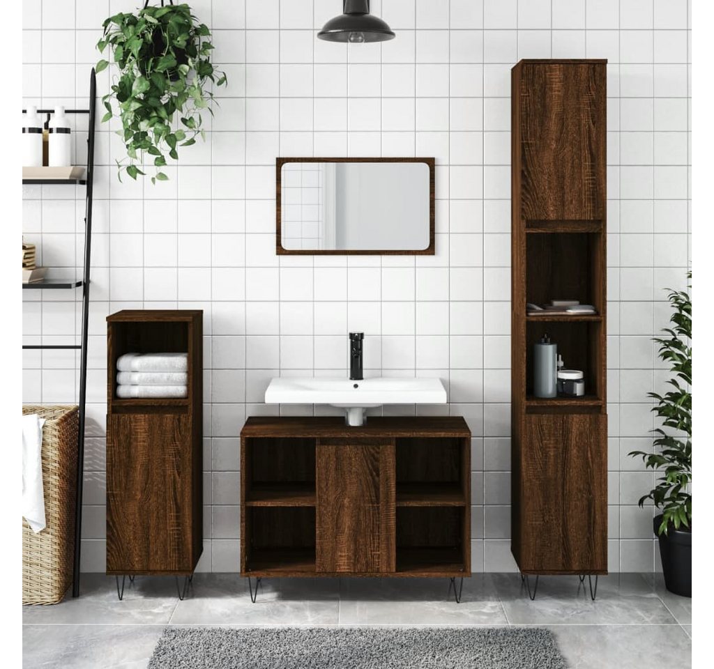 furnicato Badkommode Badezimmerschrank 30x30x100 cm Braun Massivholz Optik mit Eisenfüßen (1 St), Feuchtigkeitsbeständiges Badregal mit Stauraum und Wandhalterung Bild 4