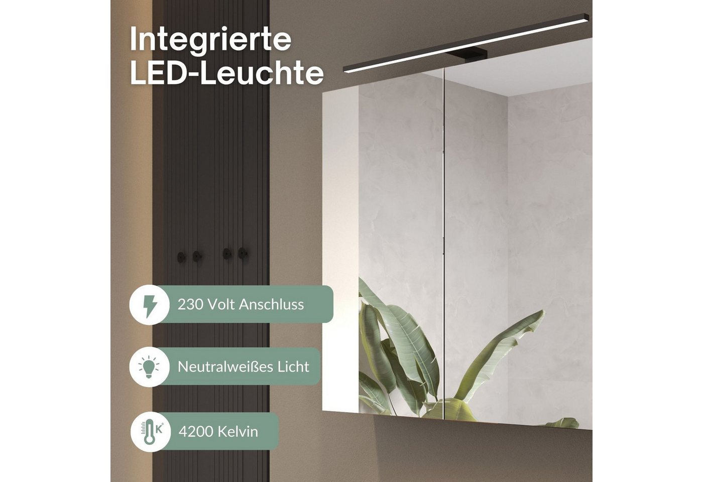 Planetmöbel Spiegelschrank ARIA Badschrank 90 cm mit Beleuchtung & Steckdose (Spiegelschrank Bad mit Beleuchtung 90 x 70 x 16 cm, 3-St., Badspiegelschrank 2-türig) Steckdose für Elektrogeräte, LED-Aufbauleuchte 80cm