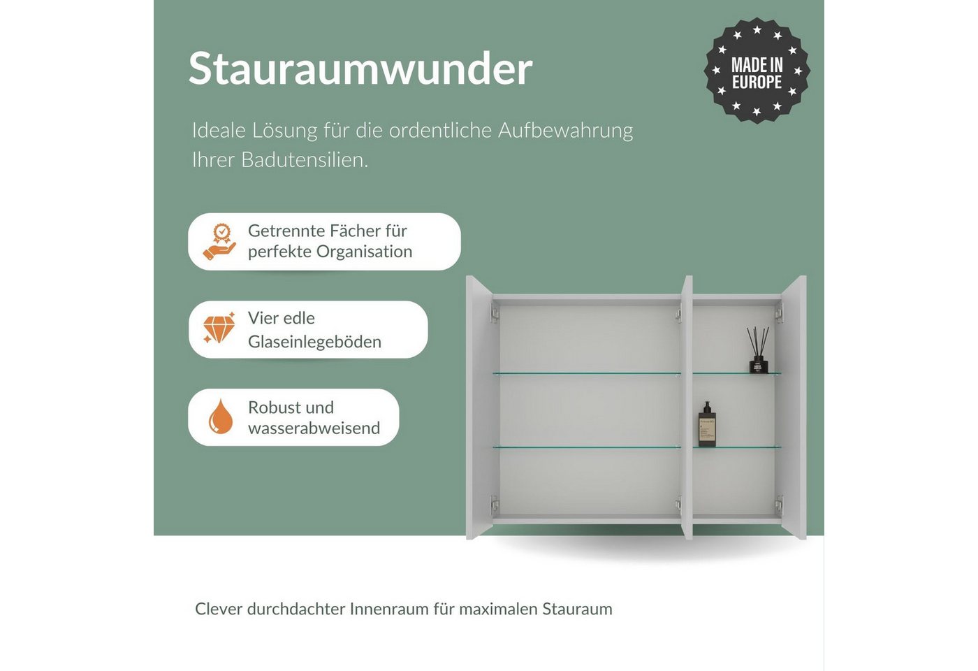 Planetmöbel Spiegelschrank ARIA Badschrank 90 cm mit Beleuchtung & Steckdose (Spiegelschrank Bad mit Beleuchtung 90 x 70 x 16 cm, 3-St., Badspiegelschrank 2-türig) Steckdose für Elektrogeräte, LED-Aufbauleuchte 80cm Bild 2