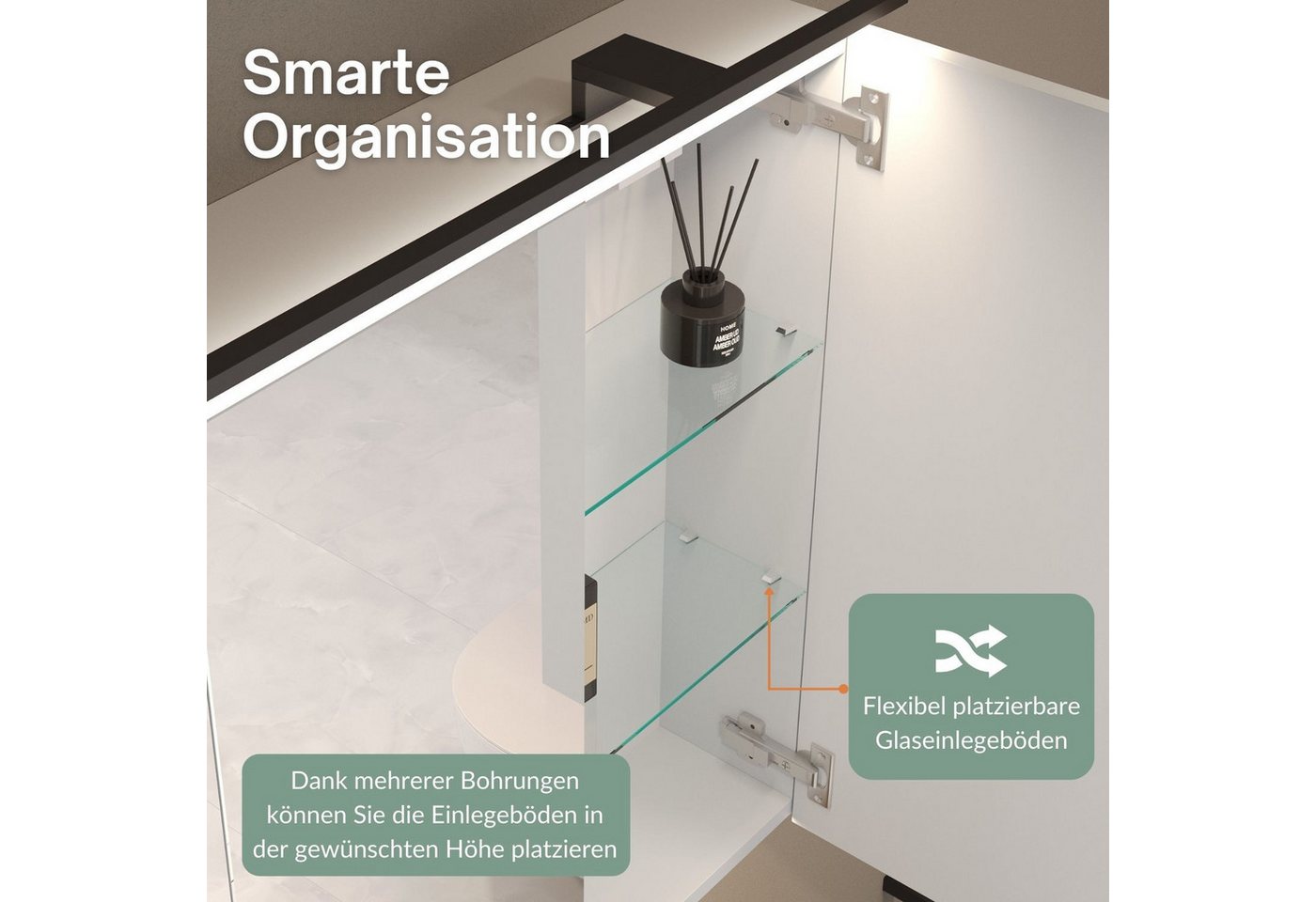 Planetmöbel Spiegelschrank ARIA Badschrank 90 cm mit Beleuchtung & Steckdose (Spiegelschrank Bad mit Beleuchtung 90 x 70 x 16 cm, 3-St., Badspiegelschrank 2-türig) Steckdose für Elektrogeräte, LED-Aufbauleuchte 80cm Bild 3