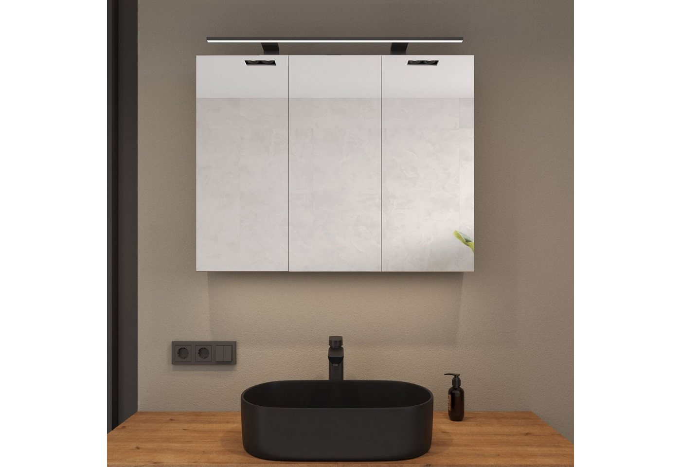 Planetmöbel Spiegelschrank ARIA Badschrank 90 cm mit Beleuchtung & Steckdose (Spiegelschrank Bad mit Beleuchtung 90 x 70 x 16 cm, 3-St., Badspiegelschrank 2-türig) Steckdose für Elektrogeräte, LED-Aufbauleuchte 80cm Bild 5