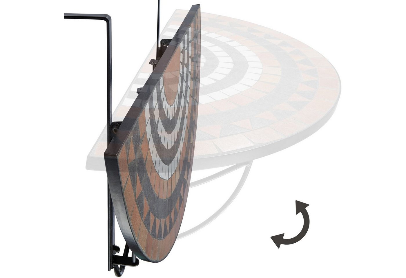 tectake Balkonhängetisch Balkontisch zum Einhängen, 75 x 65 x 62 cm, mit soliden Metallhaken (Klappbarer Balkontisch, 1-St., in terracotta/weiß), Stahl, Mosaik und Zement, halbkreisförmig, klappbar, massive Platte Bild 2