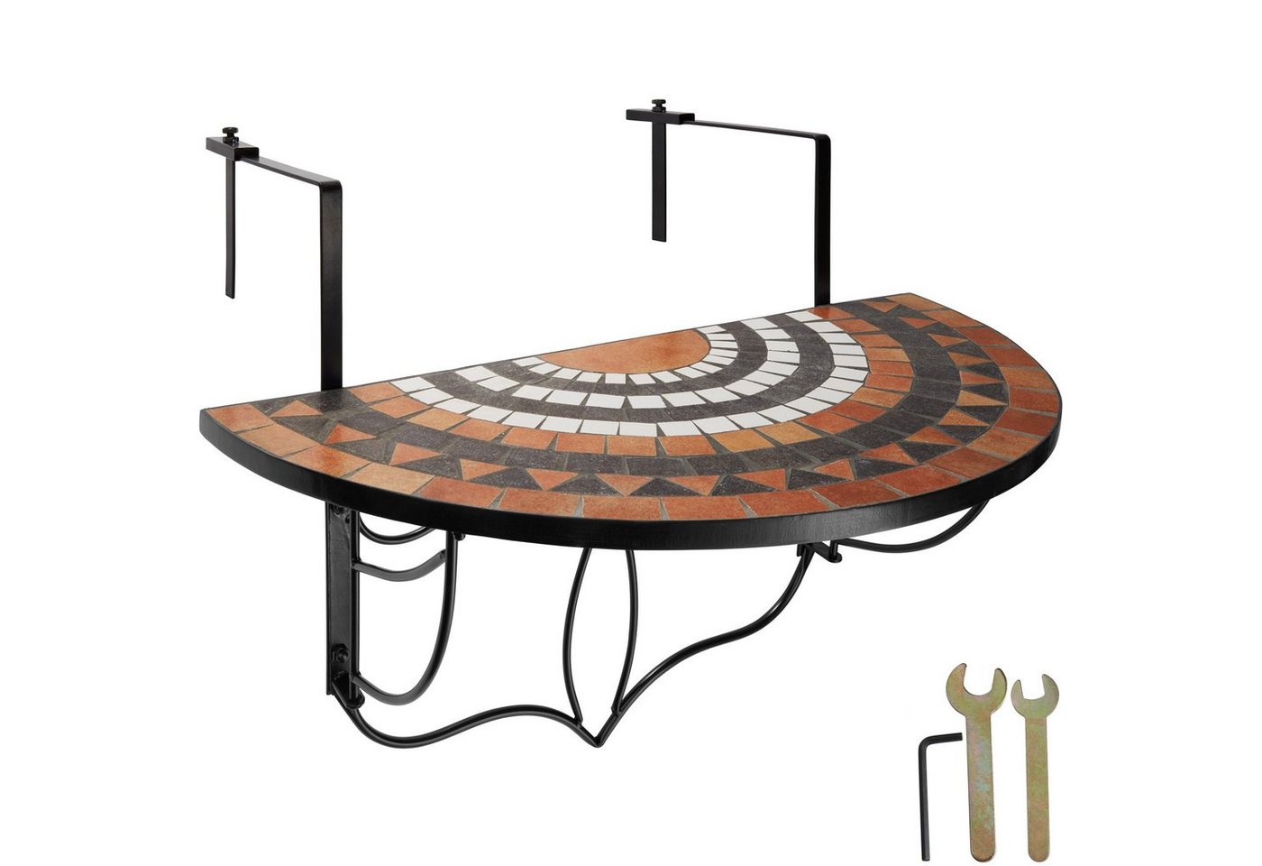 tectake Balkonhängetisch Balkontisch zum Einhängen, 75 x 65 x 62 cm, mit soliden Metallhaken (Klappbarer Balkontisch, 1-St., in terracotta/weiß), Stahl, Mosaik und Zement, halbkreisförmig, klappbar, massive Platte Bild 5
