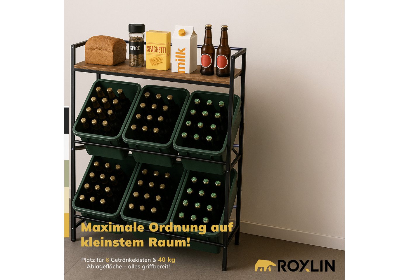 Roxlin Ablageregal Getränkekistenregal für 3/6 Kisten – Metallregal mit Ablage 300 kg, 6-tlg. Bild 3