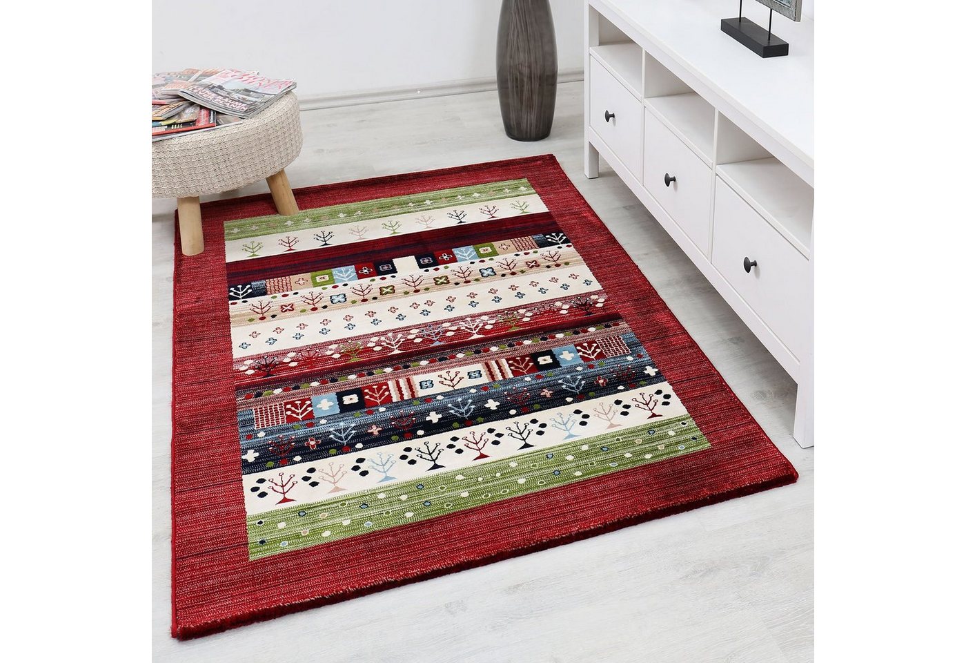 Vimoda Teppich Gabbeh Stil Optik Bunt Meliert mit Bordüre, Rechteckig Bild 5