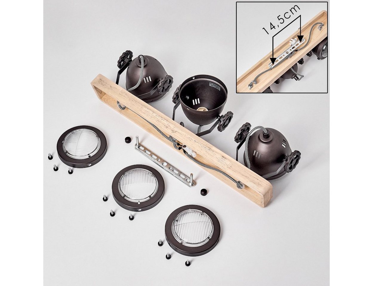 hofstein Deckenleuchte »Biati« verstellbare Deckenlampe, Metall/Holz/Glas, Schwarz-Braun, ohne Leuchtmittel, 3xGU10, max. 50 Watt, dreh-/schwenkbarer Spot im Retro Design, Natur
