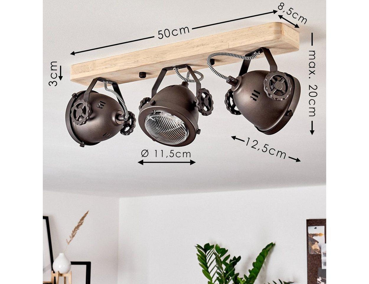 hofstein Deckenleuchte »Biati« verstellbare Deckenlampe, Metall/Holz/Glas, Schwarz-Braun, ohne Leuchtmittel, 3xGU10, max. 50 Watt, dreh-/schwenkbarer Spot im Retro Design, Natur Bild 2