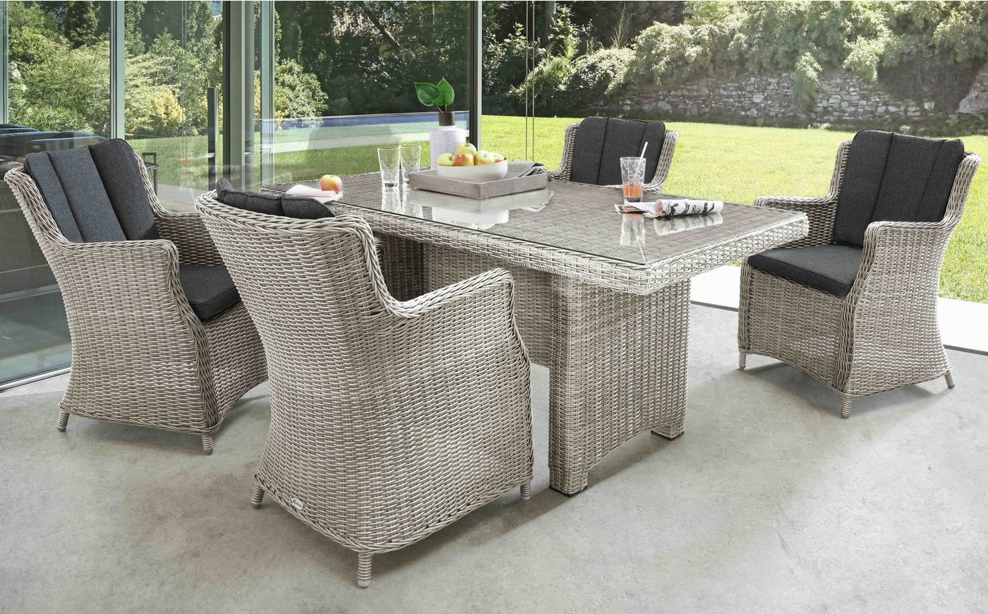 Destiny Garten-Essgruppe LUNA, Polyrattan, 4 Sessel, Tisch 165x90x75 cm, inkl. Auflagen