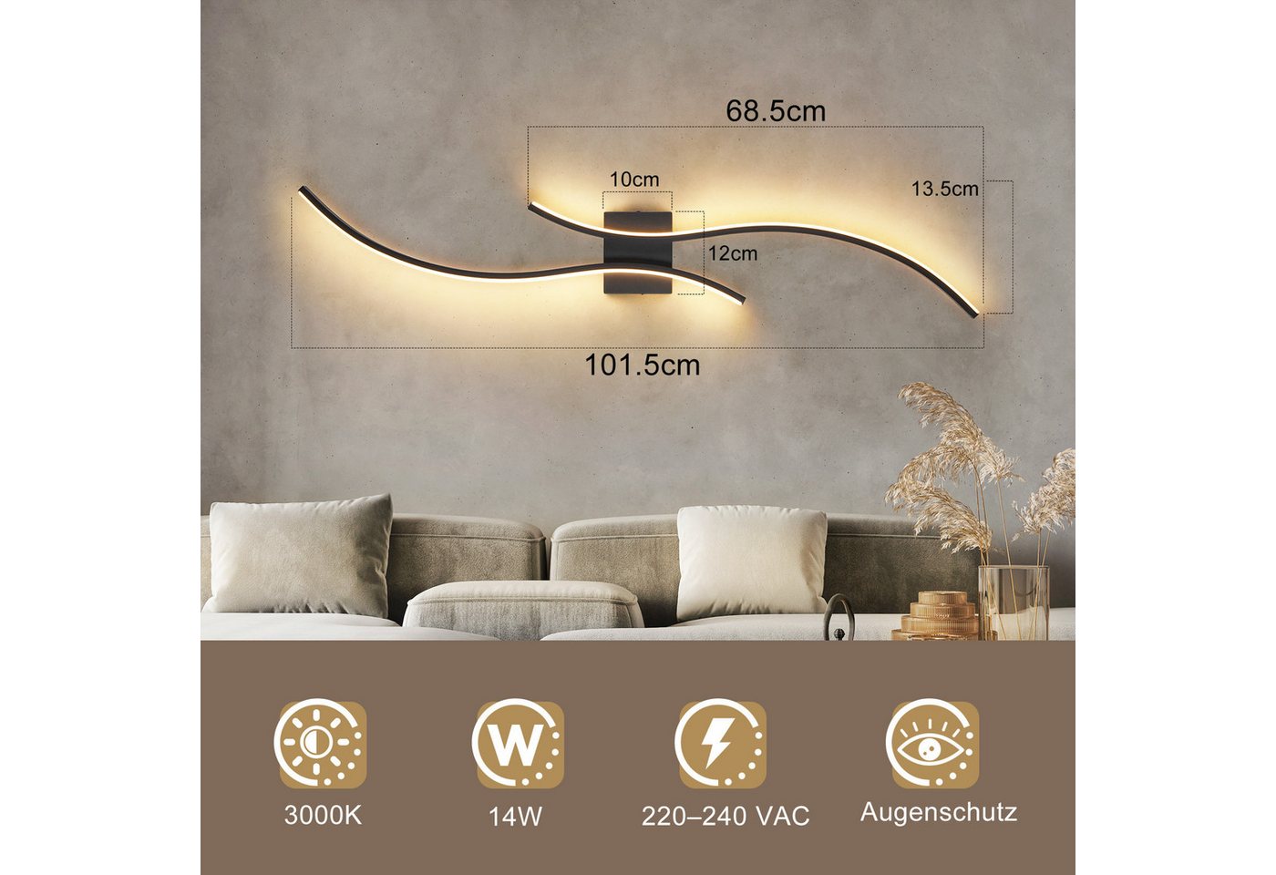 Nettlife LED Wandleuchte Innen Wohnzimmer 100CM Weiß 14W 3000K Modern Welle Design, LED fest integriert, Warmweiß, Wandbeleuchtung für Schlafzimmer Wohnzimmer Flur Treppenhaus Küche
