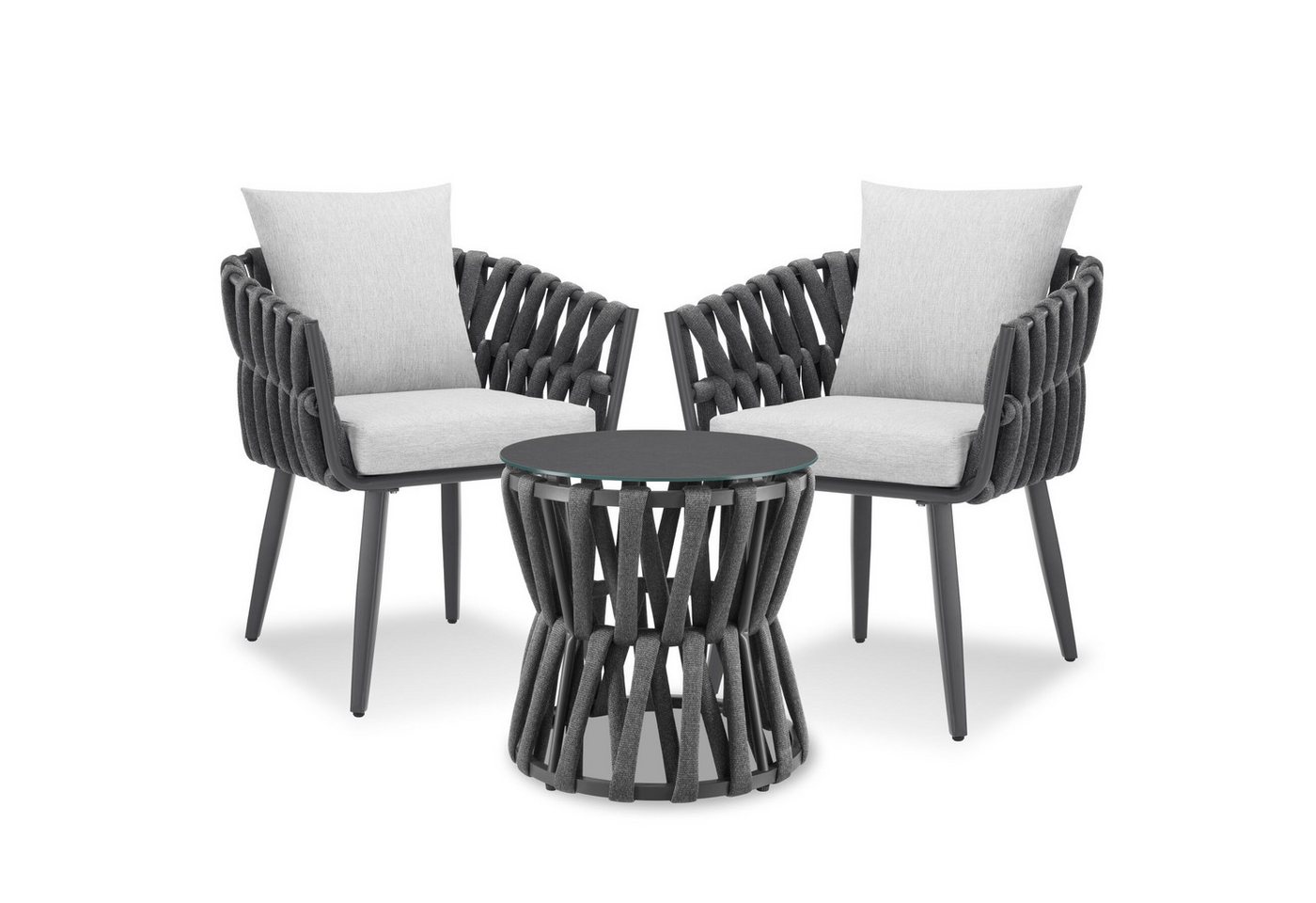tectake Gartenlounge-Set Aluminium Sitzgruppe, höhenverstellbar, mit Sicherheitsglasplatte, (Gartenmöbel Garnitur Lugano, 3-tlg., im Rope-Design in anthrazit/grau), wetterfest und UV-beständig, gepolstert, Belastbarkeit Stuhl 120 kg
