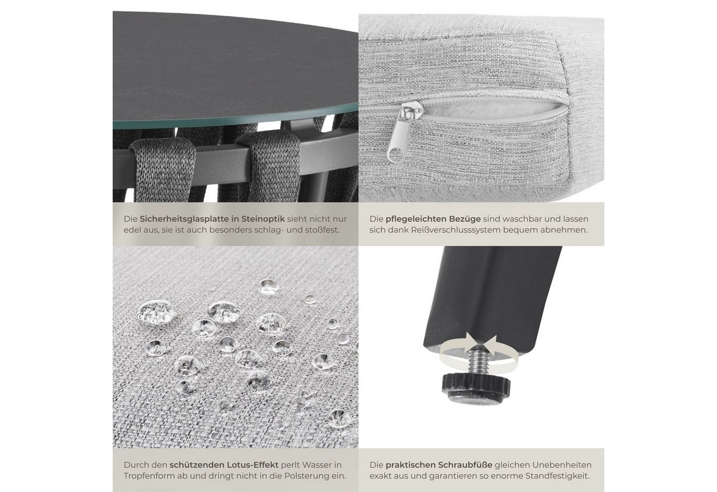 tectake Gartenlounge-Set Aluminium Sitzgruppe, höhenverstellbar, mit Sicherheitsglasplatte, (Gartenmöbel Garnitur Lugano, 3-tlg., im Rope-Design in anthrazit/grau), wetterfest und UV-beständig, gepolstert, Belastbarkeit Stuhl 120 kg Bild 2