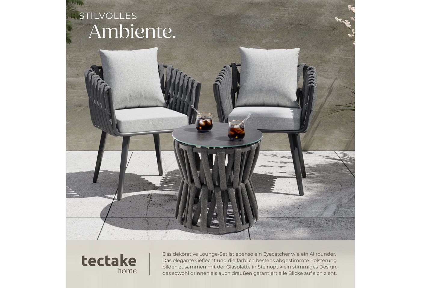 tectake Gartenlounge-Set Aluminium Sitzgruppe, höhenverstellbar, mit Sicherheitsglasplatte, (Gartenmöbel Garnitur Lugano, 3-tlg., im Rope-Design in anthrazit/grau), wetterfest und UV-beständig, gepolstert, Belastbarkeit Stuhl 120 kg Bild 3