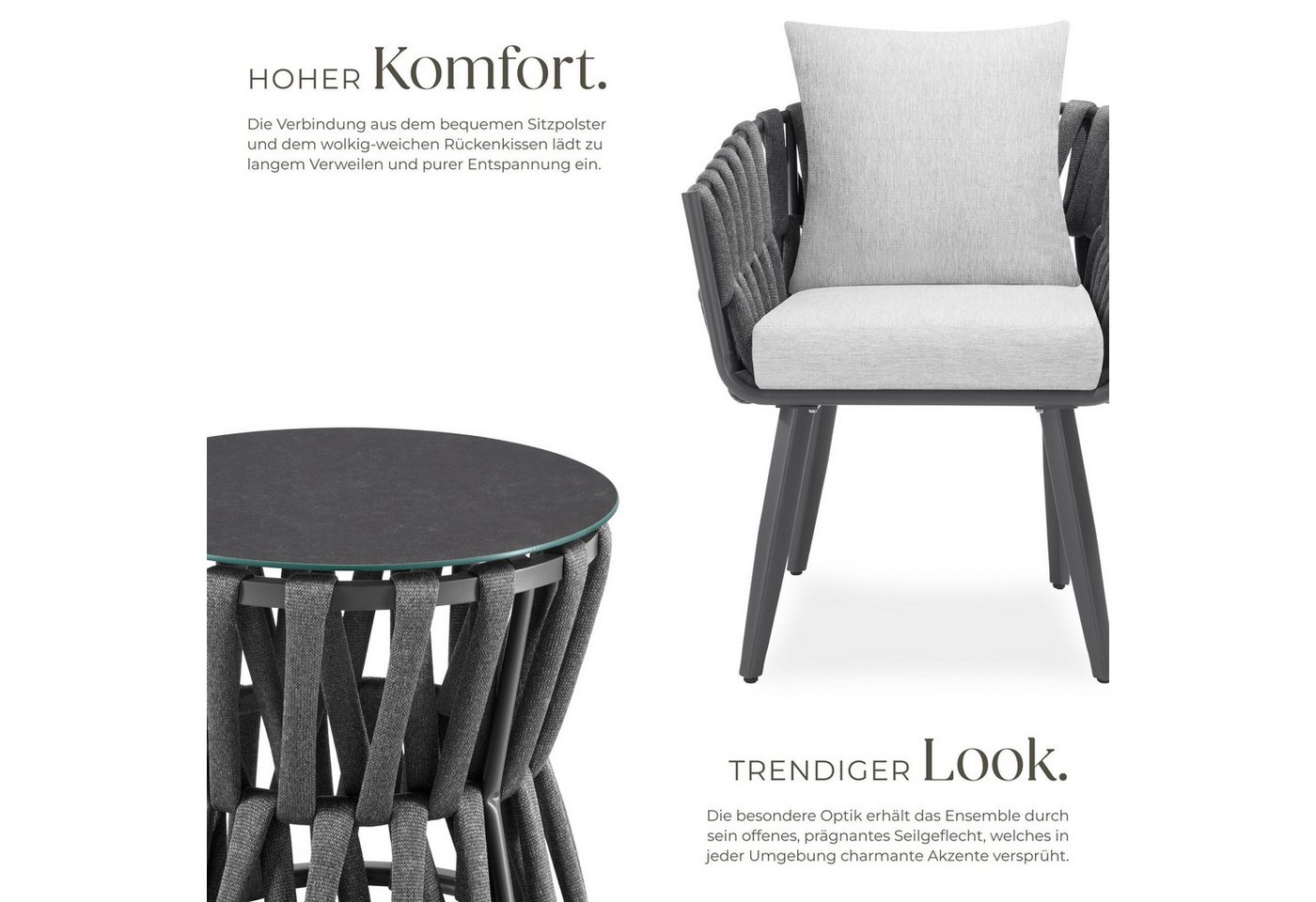 tectake Gartenlounge-Set Aluminium Sitzgruppe, höhenverstellbar, mit Sicherheitsglasplatte, (Gartenmöbel Garnitur Lugano, 3-tlg., im Rope-Design in anthrazit/grau), wetterfest und UV-beständig, gepolstert, Belastbarkeit Stuhl 120 kg Bild 4