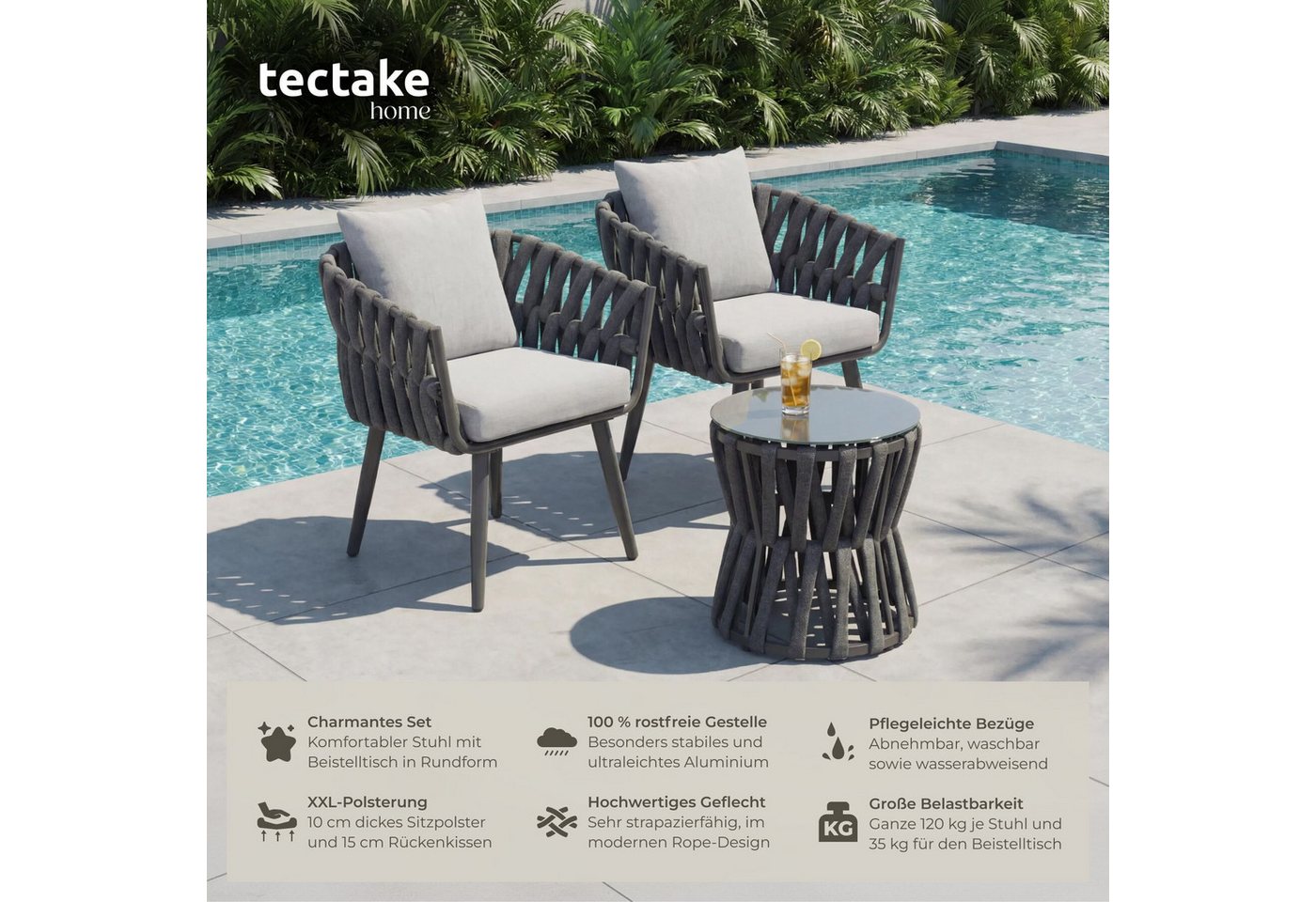 tectake Gartenlounge-Set Aluminium Sitzgruppe, höhenverstellbar, mit Sicherheitsglasplatte, (Gartenmöbel Garnitur Lugano, 3-tlg., im Rope-Design in anthrazit/grau), wetterfest und UV-beständig, gepolstert, Belastbarkeit Stuhl 120 kg Bild 5