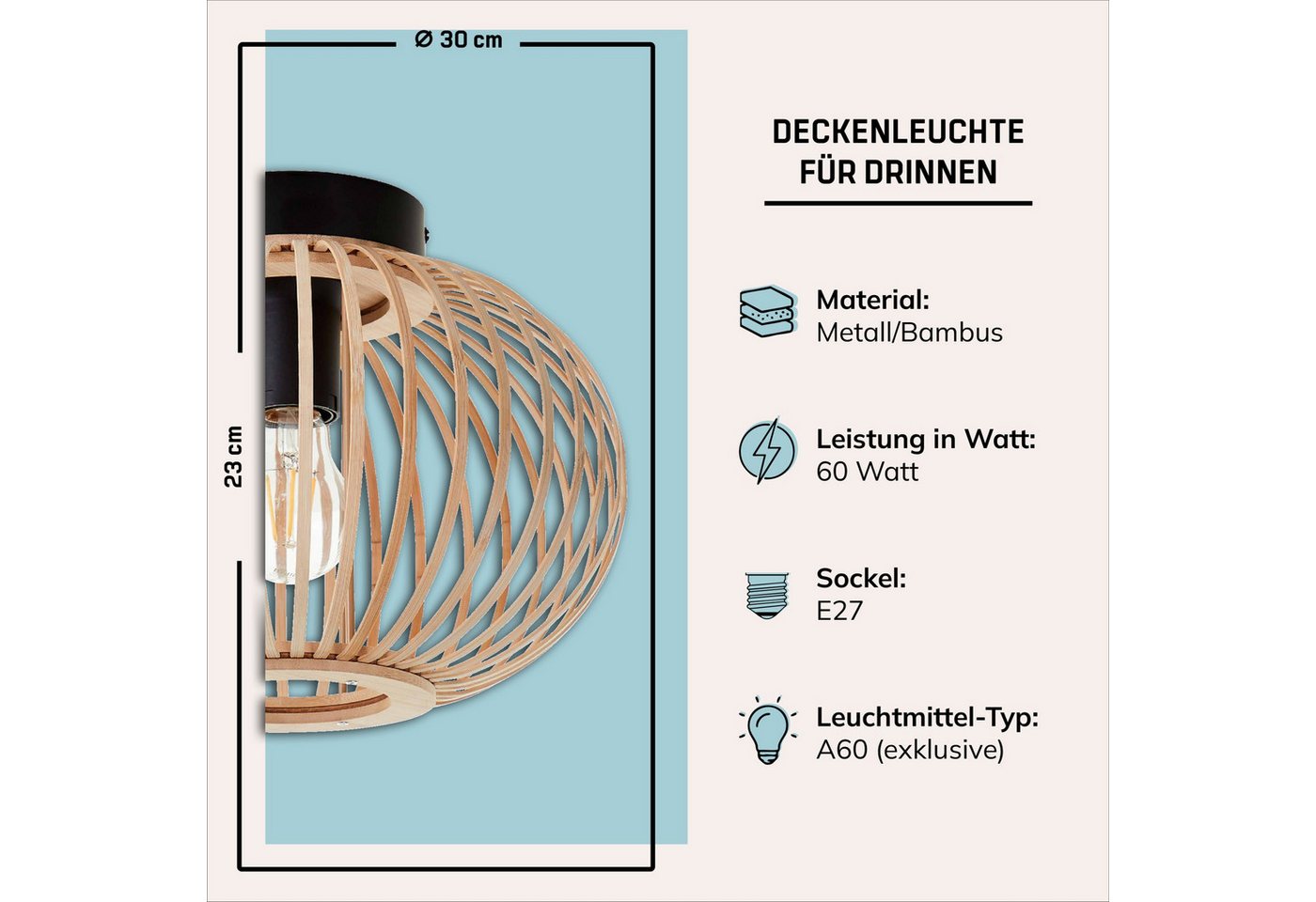 Lightbox Deckenleuchte, ohne Leuchtmittel, Deckenlampe, 30 cm, E27, Bambus/Metall, natur/schwarz