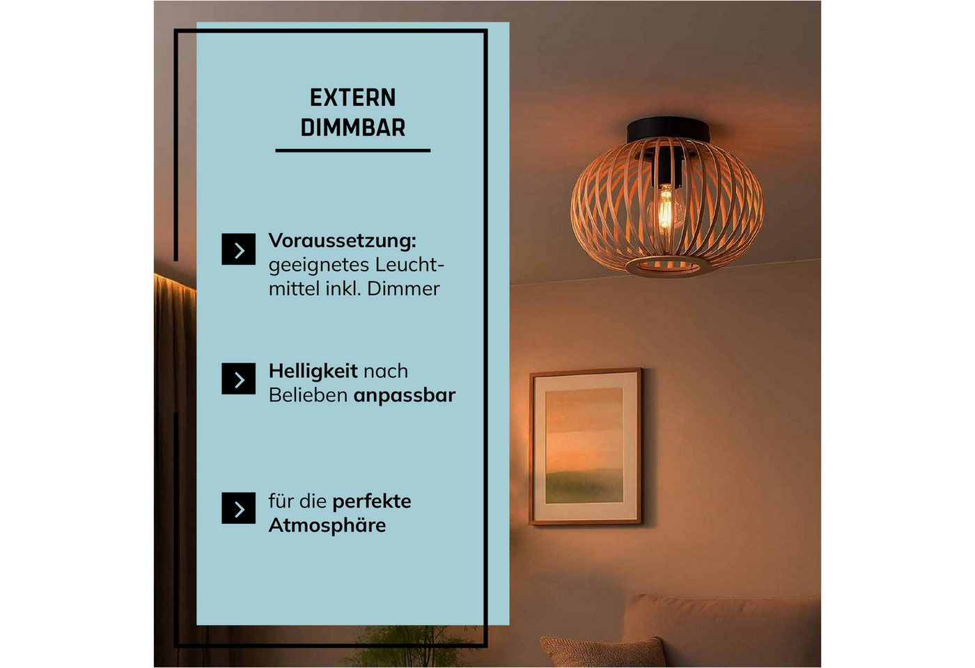 Lightbox Deckenleuchte, ohne Leuchtmittel, Deckenlampe, 30 cm, E27, Bambus/Metall, natur/schwarz Bild 2