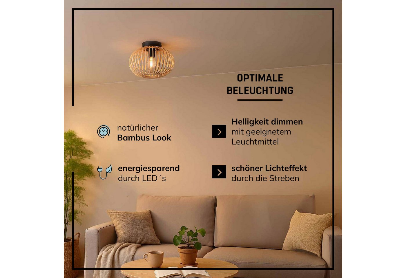 Lightbox Deckenleuchte, ohne Leuchtmittel, Deckenlampe, 30 cm, E27, Bambus/Metall, natur/schwarz Bild 5