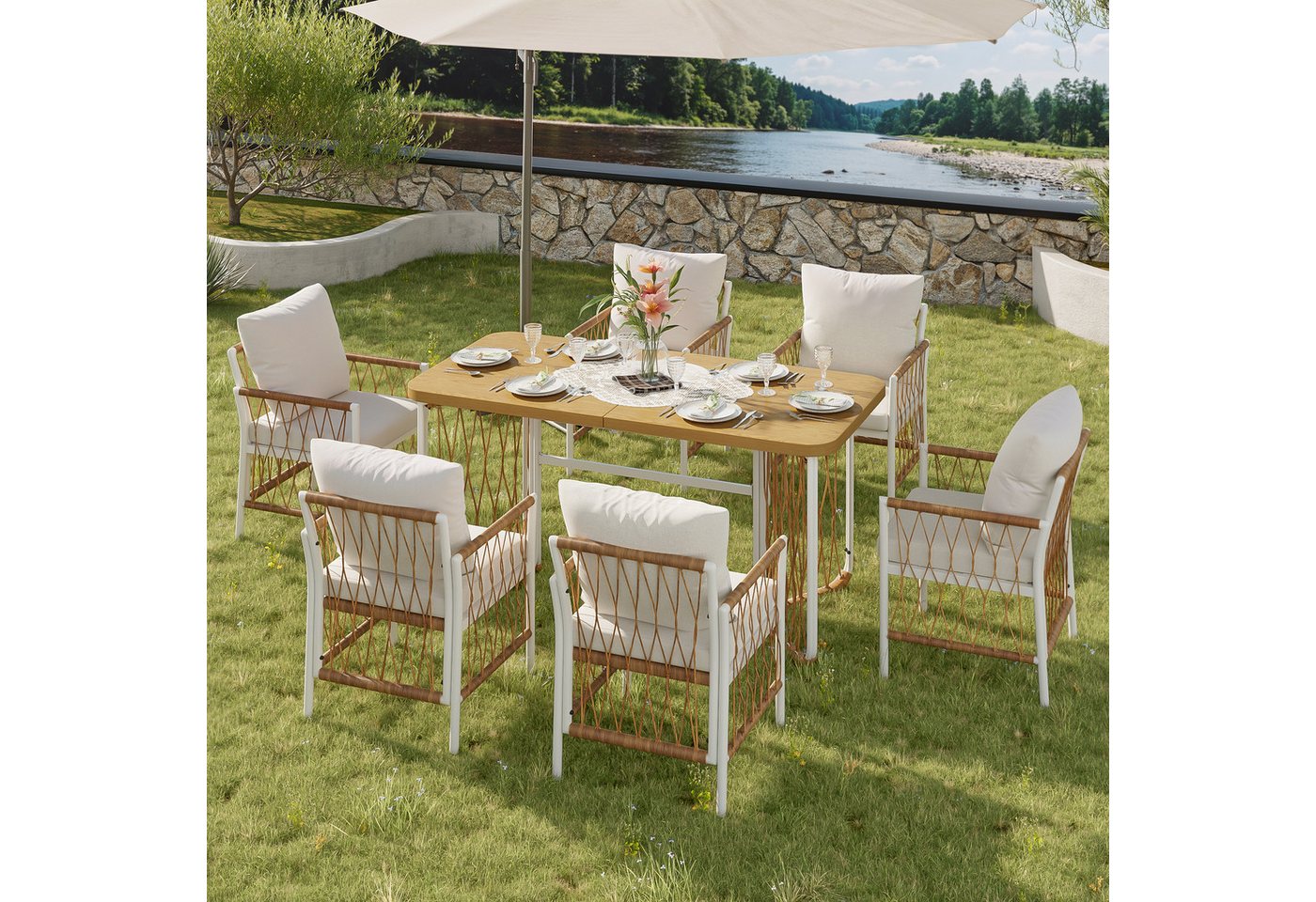 Merax Gartenlounge-Set Polyratten Gartenmöbel-Set mit geflochtenen Armlehnen & Polsterkissen, (7-tlg), 6-Sitzer Gartenset mit 1 Tisch & 6 Stühlen,Lounge-Set mit Eisengestell