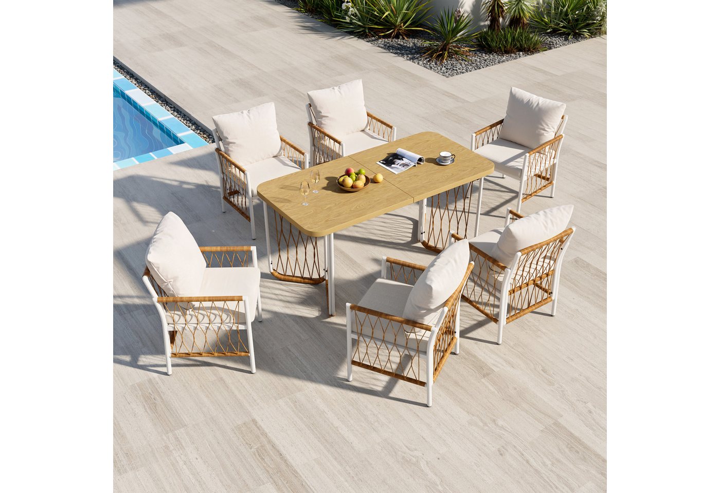 Merax Gartenlounge-Set Polyratten Gartenmöbel-Set mit geflochtenen Armlehnen & Polsterkissen, (7-tlg), 6-Sitzer Gartenset mit 1 Tisch & 6 Stühlen,Lounge-Set mit Eisengestell Bild 2