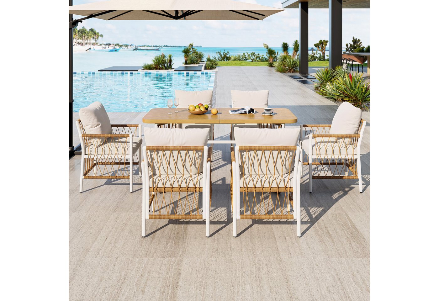 Merax Gartenlounge-Set Polyratten Gartenmöbel-Set mit geflochtenen Armlehnen & Polsterkissen, (7-tlg), 6-Sitzer Gartenset mit 1 Tisch & 6 Stühlen,Lounge-Set mit Eisengestell Bild 3