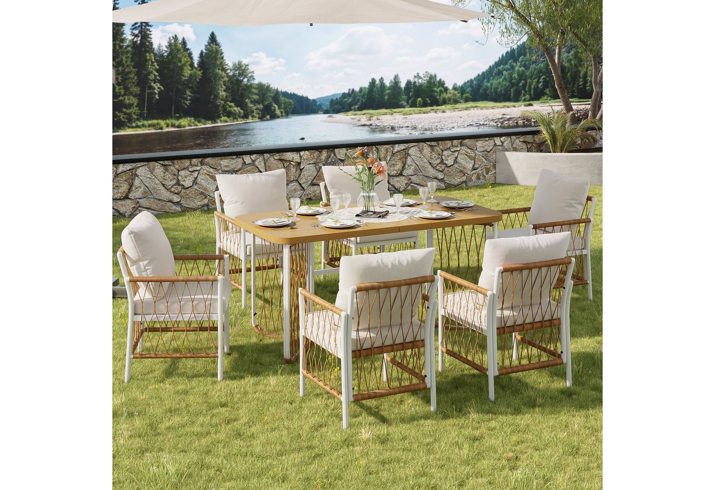 Merax Gartenlounge-Set Polyratten Gartenmöbel-Set mit geflochtenen Armlehnen & Polsterkissen, (7-tlg), 6-Sitzer Gartenset mit 1 Tisch & 6 Stühlen,Lounge-Set mit Eisengestell Bild 5