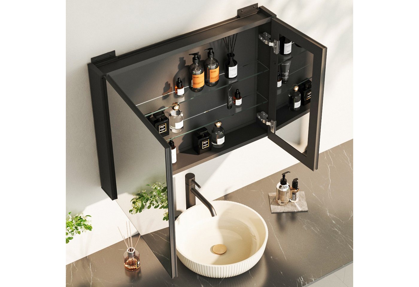KreaGo Spiegelschrank Schwarz Badezimmerspiegelschrank Aluminium 2 türig (Badschrank Wandschrank, Doppelseitiger Spiegel, Glasböden) 80x13,5x60cm