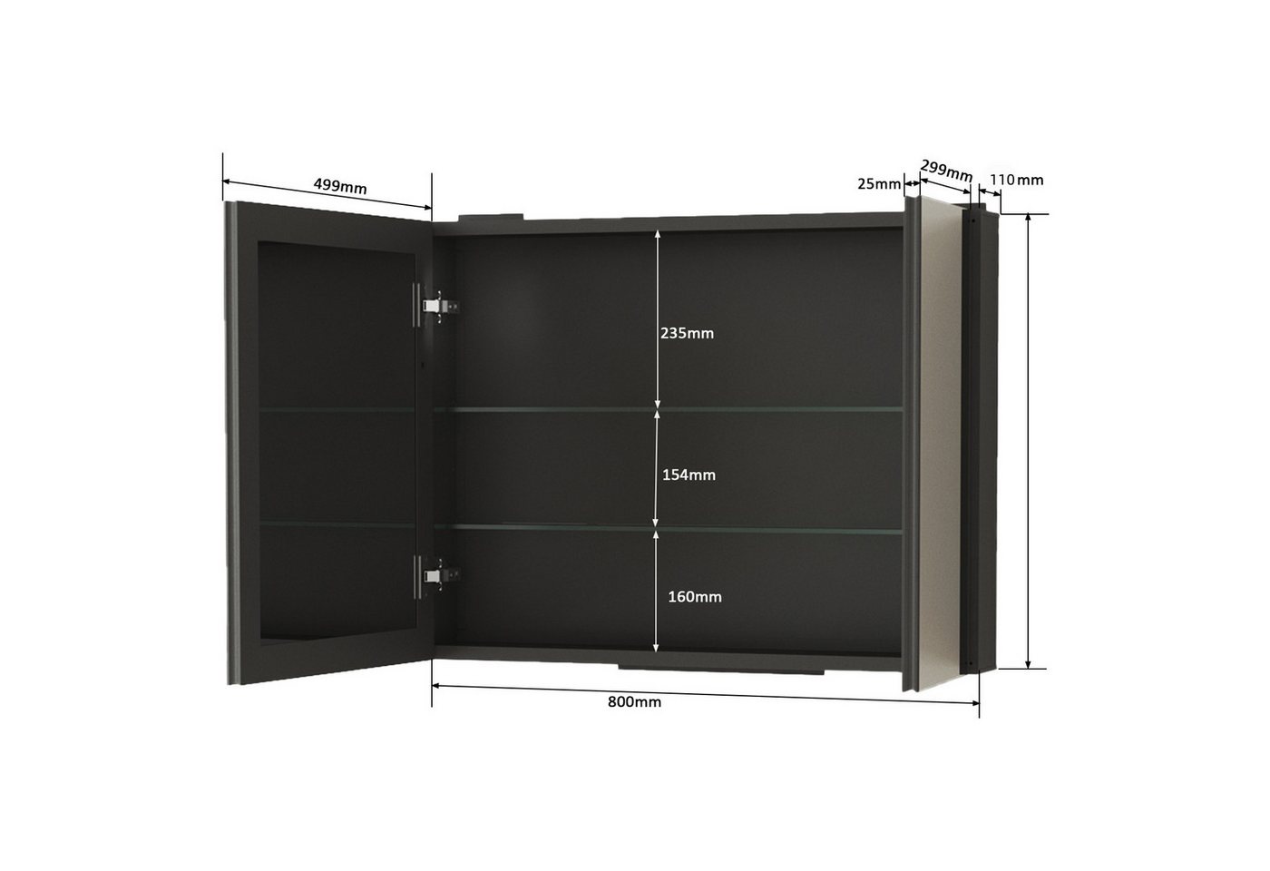 KreaGo Spiegelschrank Schwarz Badezimmerspiegelschrank Aluminium 2 türig (Badschrank Wandschrank, Doppelseitiger Spiegel, Glasböden) 80x13,5x60cm Bild 3