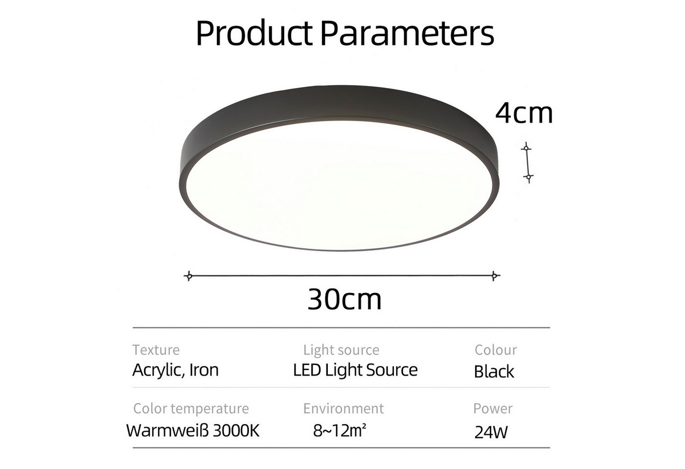 style home LED Deckenleuchte Modern Deckenlampe Wohnzimmer Schlafzimmer Büro, 24W-Warmweiß-Ø30cm, LED fest integriert, Warmweiß 3000K ohne Fernbedienung, 24W, Ø30*4cm, Runde Lampe für Wohnzimmer Schlafzimmer Küche, Schwarz Bild 3