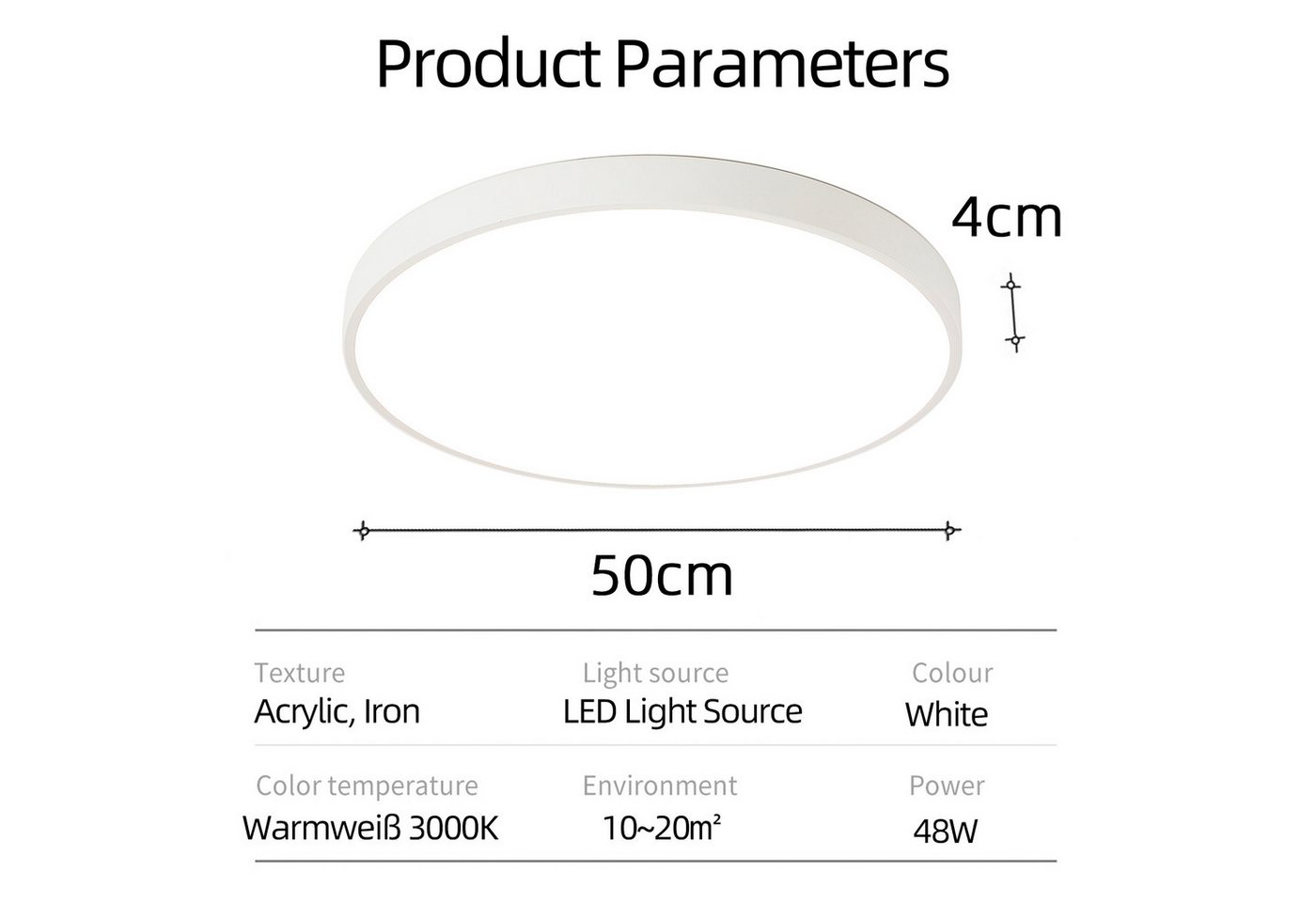 style home LED Deckenleuchte Modern Deckenlampe Wohnzimmer Schlafzimmer Büro, 48W-Warmweiß-Ø50cm, LED fest integriert, Warmweiß 3000K ohne Fernbedienung, 48W, Ø50*4cm, Runde Lampe für Wohnzimmer Schlafzimmer Küche, Weiß Bild 4