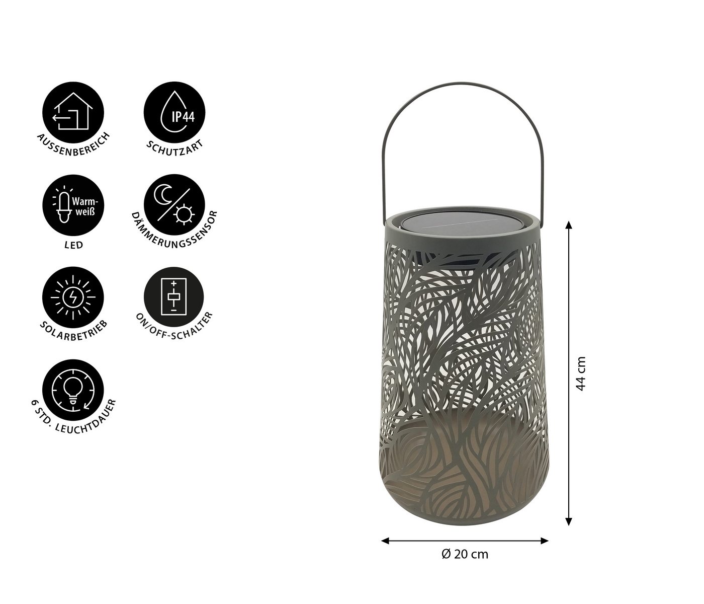 Dehner LED Solarleuchte Olea, Solar-Laterne, Ø20 x H32 cm, Metall & Kunststoff, Warmweiß, Dämmerungssensor, Solar Bild 3