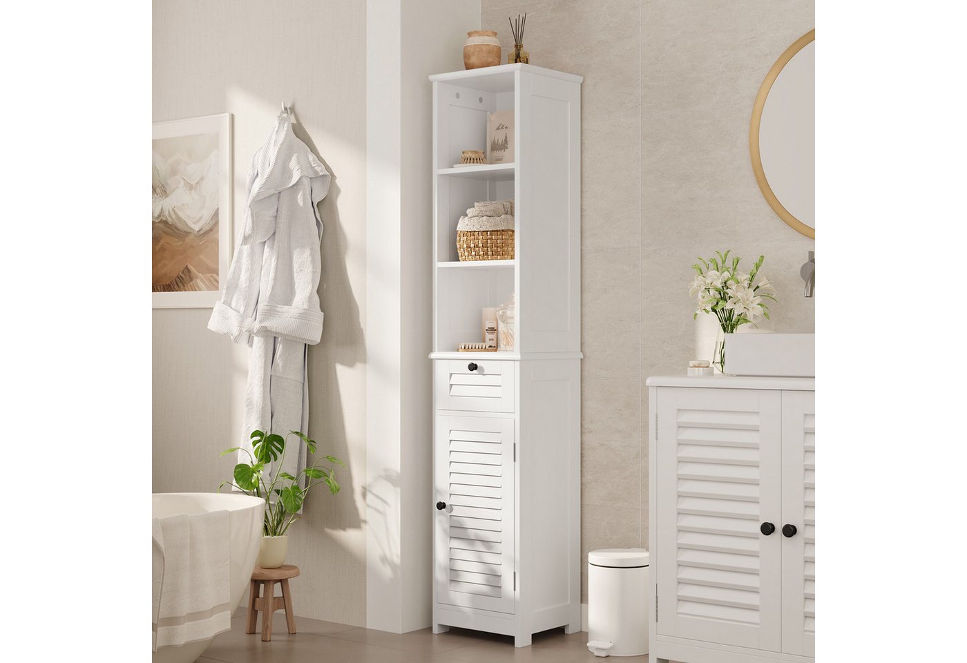 Bealife Badkommode Hochschrank Badschrank mit 3 offenen Fächern, 1 Schubladen, Weiß (2 verstellbaren Einlegeböden) Bild 2
