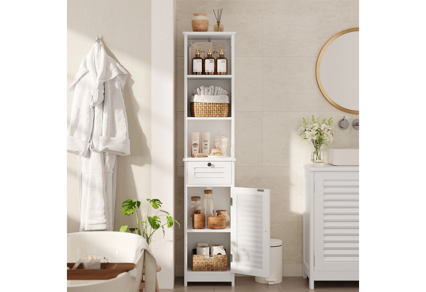 Bealife Badkommode Hochschrank Badschrank mit 3 offenen Fächern, 1 Schubladen, Weiß (2 verstellbaren Einlegeböden) Bild 4