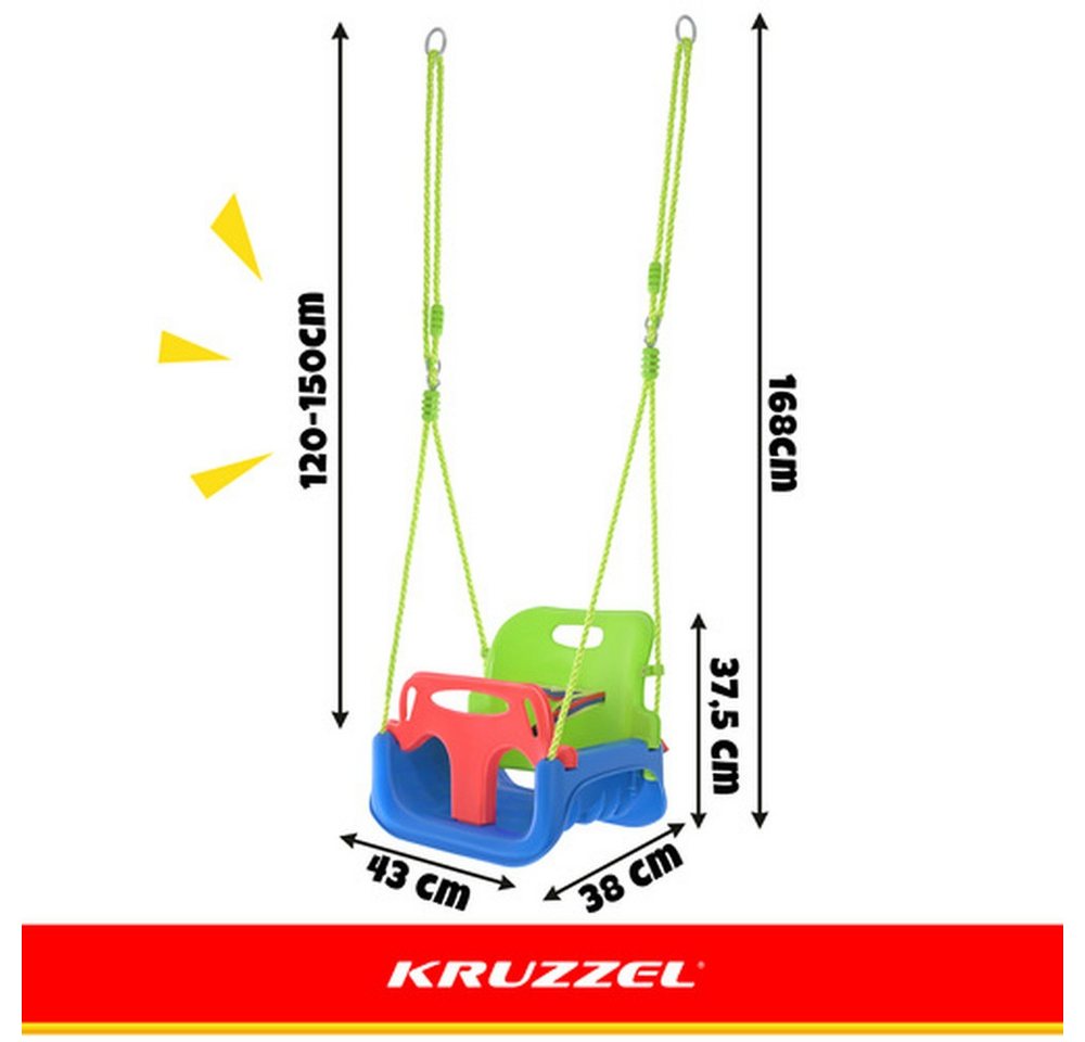 KRUZZEL Einzelschaukel 3-in-1 Kinderschaukel, bunt, an Seilen, für Haus und Garten, bis 30 kg, 3 Farben zur Auswahl & verstellbarer Rückenlehnengurt & rutschfest Bild 5