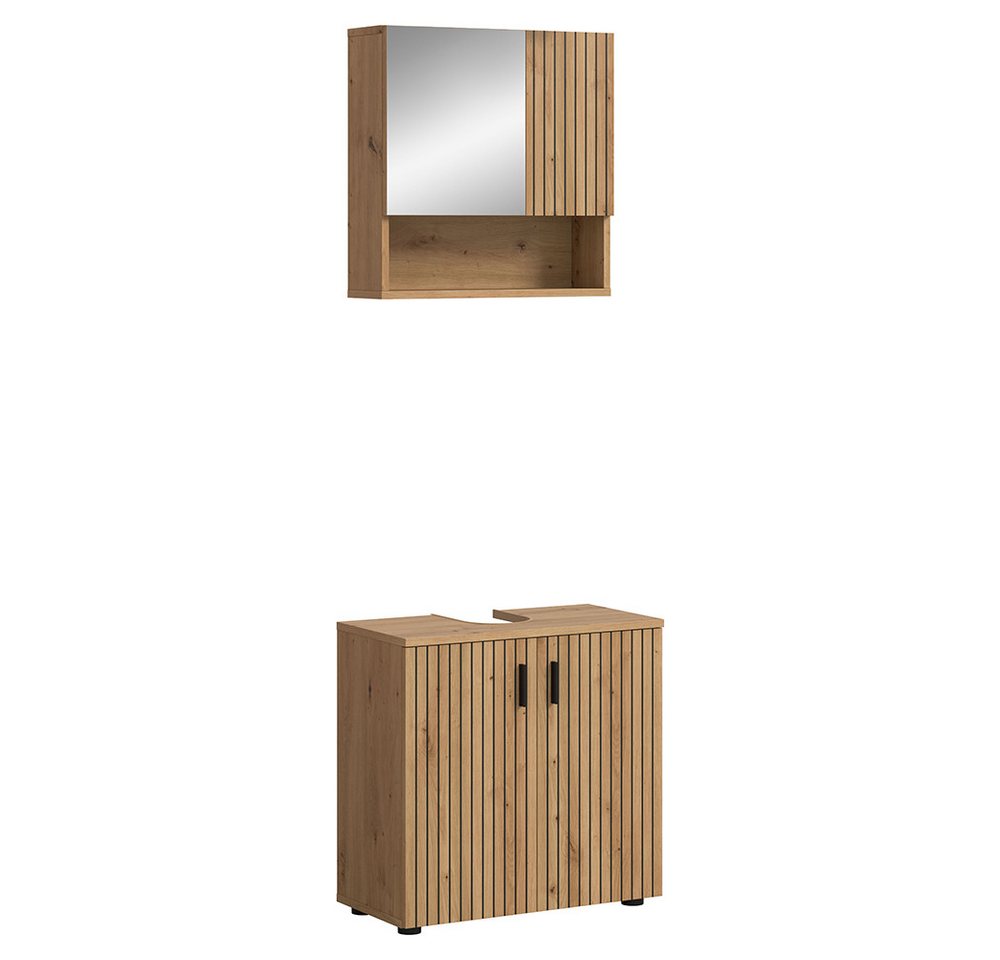 Lomadox Badmöbel-Set MACKAY-158, (Spar-Set, 2-St., Spiegelschrank Waschbeckenunterschrank), in Eiche mit gerillter Front