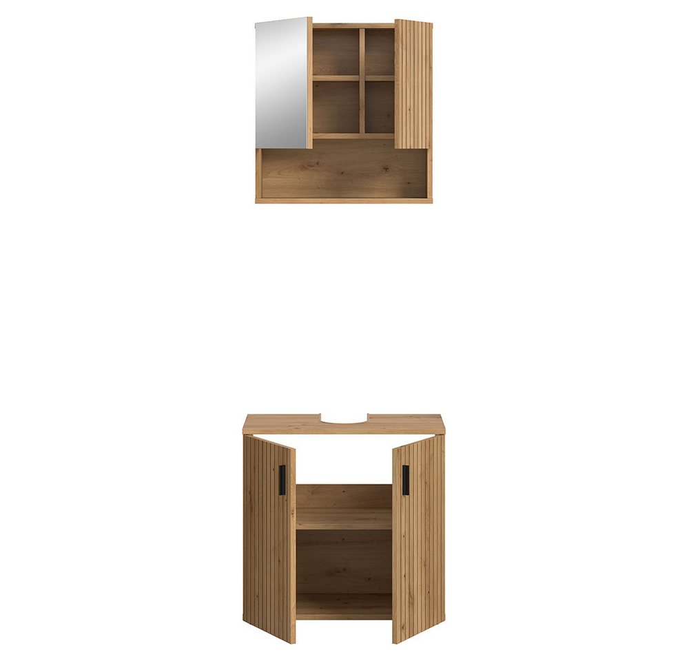 Lomadox Badmöbel-Set MACKAY-158, (Spar-Set, 2-St., Spiegelschrank Waschbeckenunterschrank), in Eiche mit gerillter Front Bild 2
