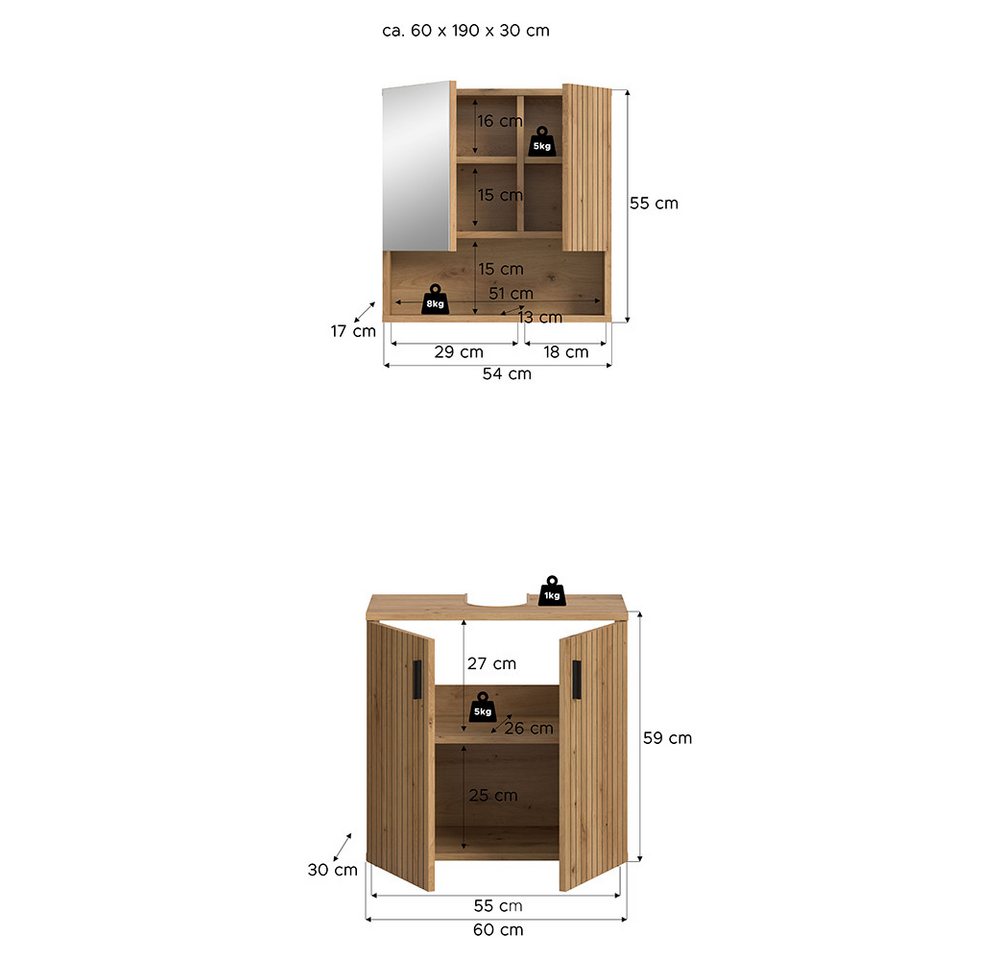 Lomadox Badmöbel-Set MACKAY-158, (Spar-Set, 2-St., Spiegelschrank Waschbeckenunterschrank), in Eiche mit gerillter Front Bild 3