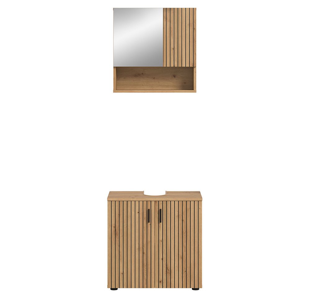 Lomadox Badmöbel-Set MACKAY-158, (Spar-Set, 2-St., Spiegelschrank Waschbeckenunterschrank), in Eiche mit gerillter Front Bild 5