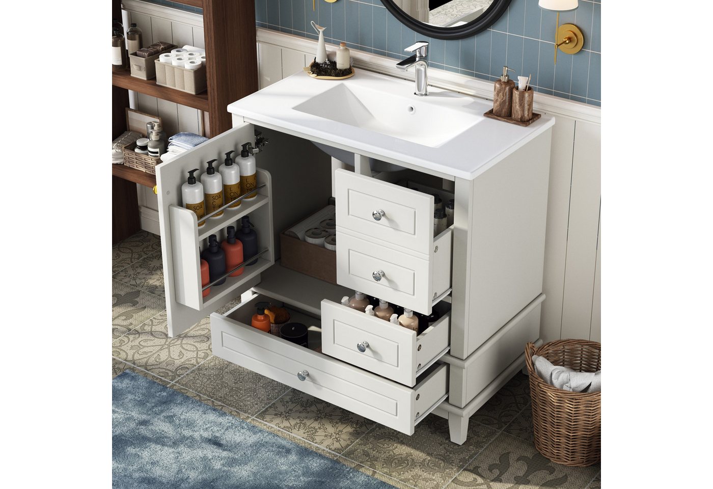 Merax Waschtisch mit Waschbecken, Freistehender Badmöbel-Set, Hochglanz Weiß (81×47×86cm, 1-St), Unterschrank Badzimmerschrank mit 4 Schubladen, Einzeltür & Stauraum