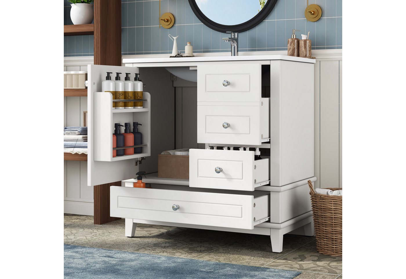 Merax Waschtisch mit Waschbecken, Freistehender Badmöbel-Set, Hochglanz Weiß (81×47×86cm, 1-St), Unterschrank Badzimmerschrank mit 4 Schubladen, Einzeltür & Stauraum Bild 2